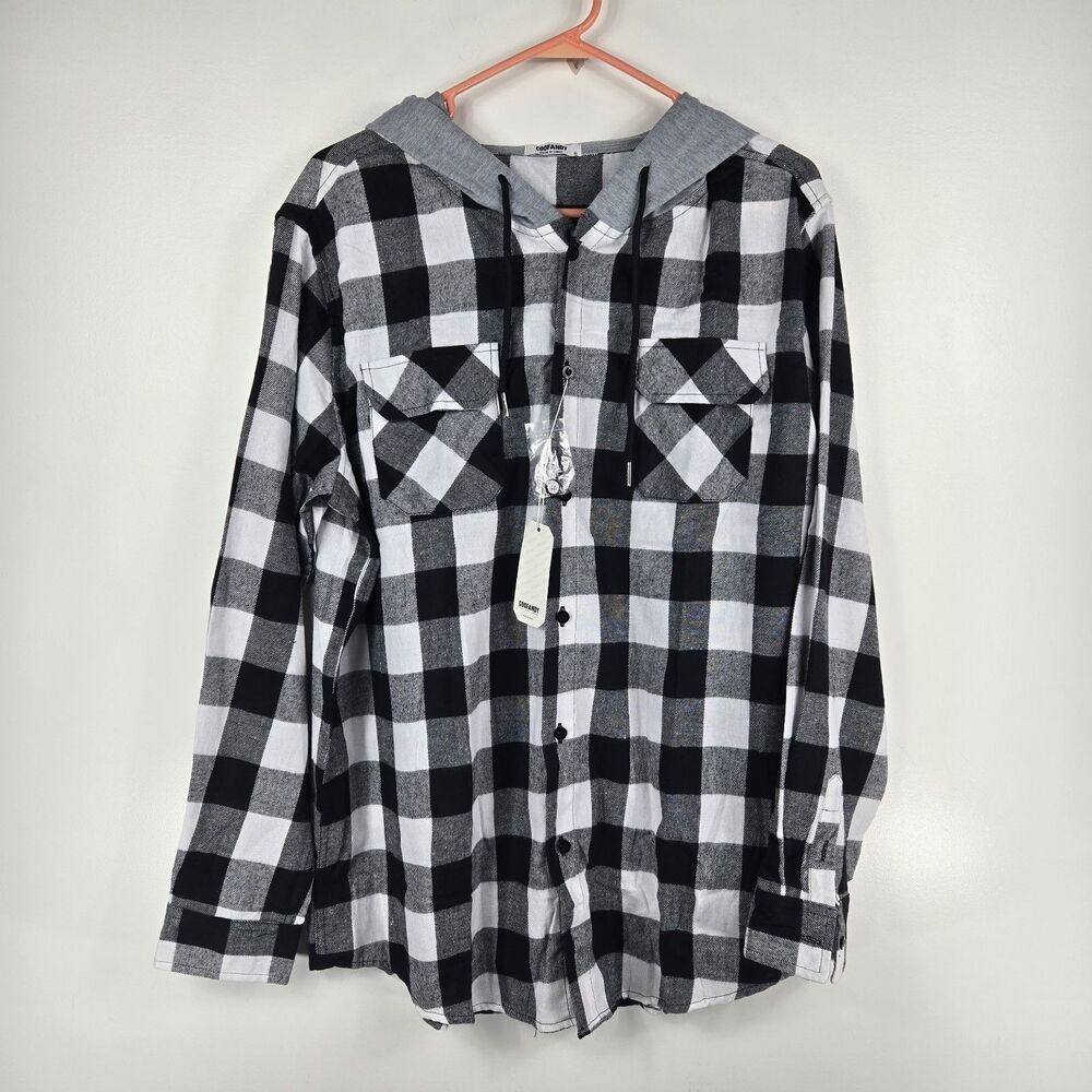 Coofandy Men's Size XL Black White Plaid Hooded Button Up Flannel Shirt NWT